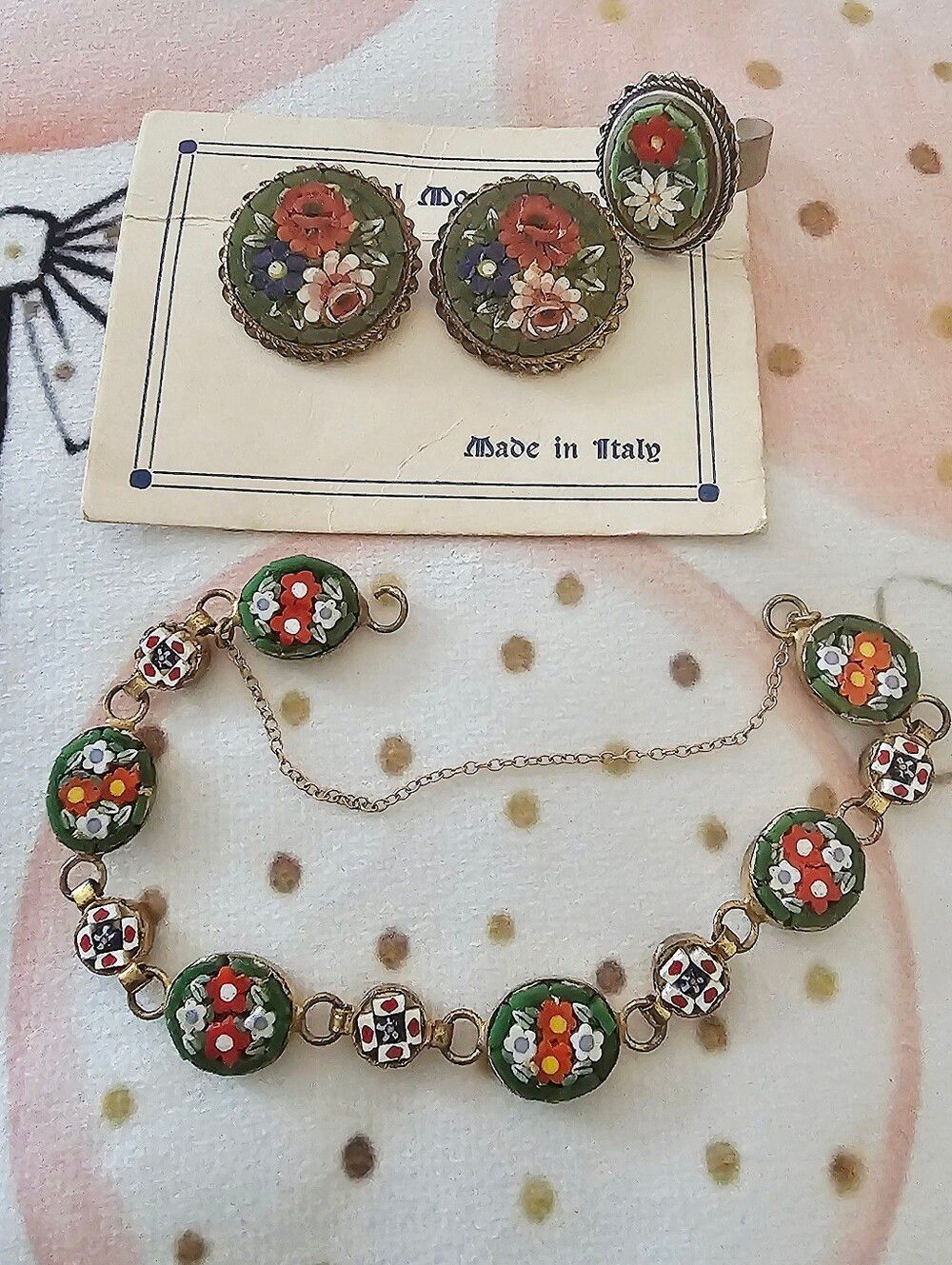 Vintage Floral Micro-Mosaic Jewelry Set - Green
